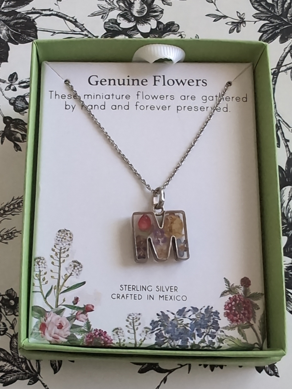 Seed & Sage Sterling Silver Floral Initial 'M' Necklace - Genuine Flowers